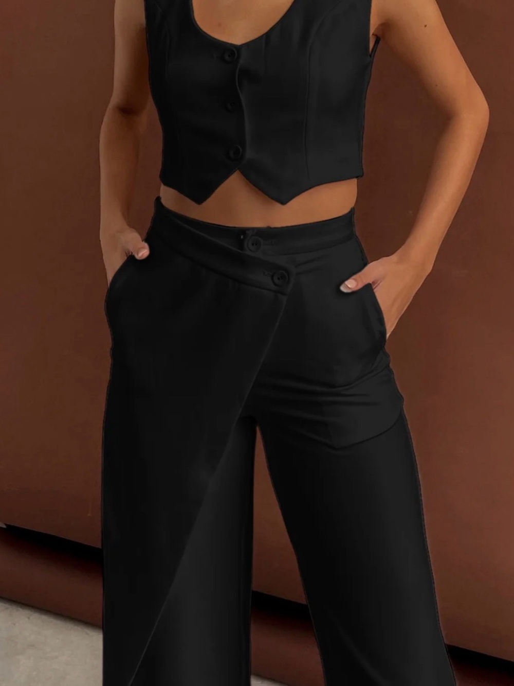 Commense Solid Asymmetrical Straight Leg Pants Set - XL - Black - Picture 2 of 16